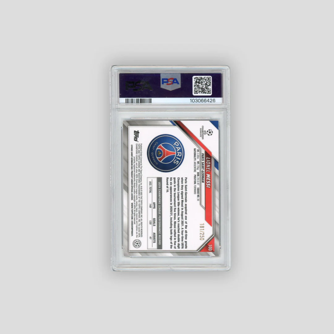 2021-22 Topps Chrome UEFA Lionel Messi Purple Mini Diamond Refractor /250 #100 (PSA 9) - Image 2